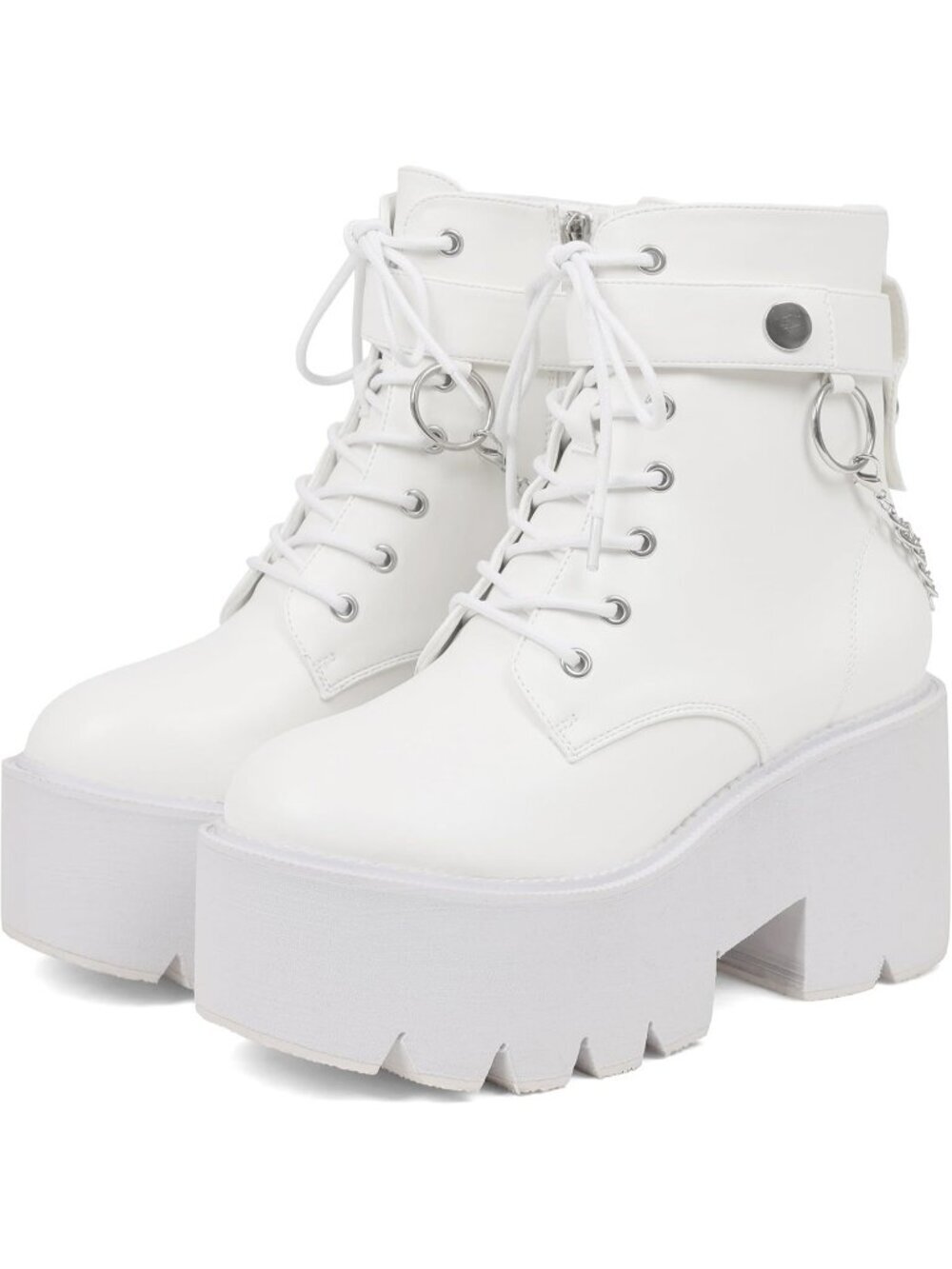 Women's White Rubber Platform Chunky Wedge Lace Up Chain Zipper Ankle Booties